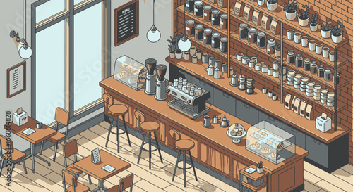 Cozy Coffee Shop Interior Illustration with Brick Wall and Wooden Shelves Displaying Coffee Beans, Ideal for Cafe Design and Menu Presentations