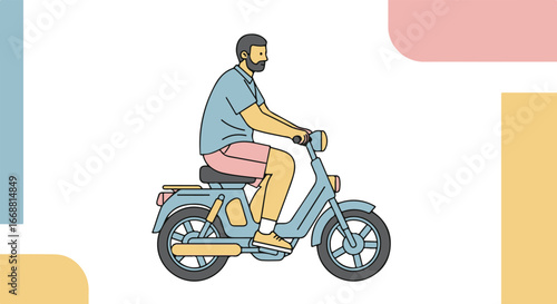 A bearded man in a blue t-shirt and pink shorts riding a light blue vintage moped, side view illustration.