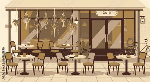 Charming Outdoor Cafe Scene with Sepia Tones, Featuring Tables, Chairs, and Hanging Plants, Ideal for Restaurant Concepts and Urban Lifestyle Illustrations