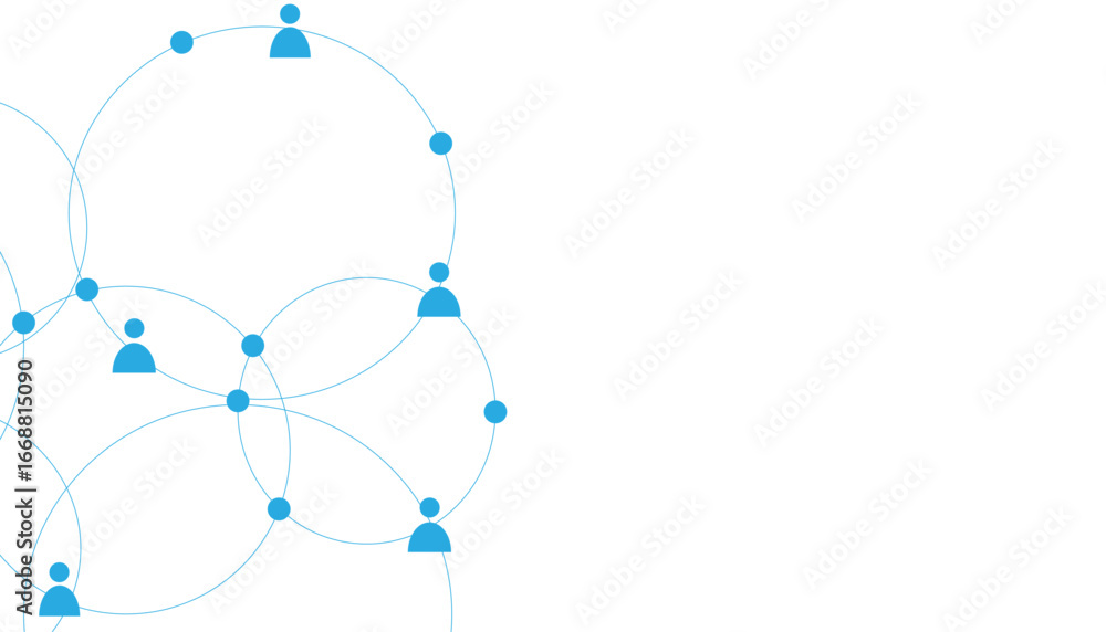 Fototapeta premium Abstract social network connection background, blue people icons on circular lines, digital communication and global community concept with copy space