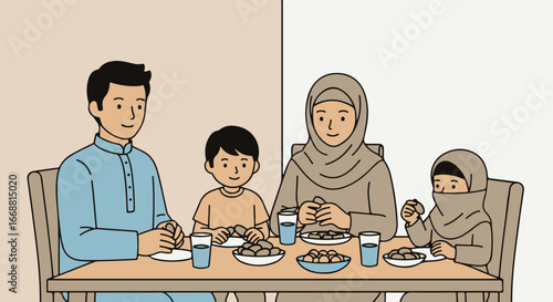 Muslim family illustration with father, mother in hijab, son, and daughter in niqab eating together.