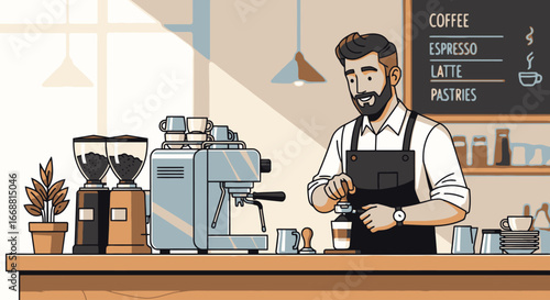 Illustrated Barista Preparing Coffee in a Cozy Café Setting, Suitable for Coffee Shop Promotions, Small Business Branding, or Lifestyle Content Creation