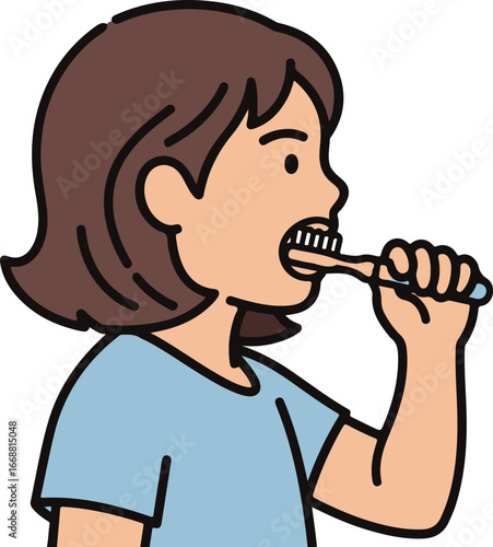 Profile illustration of a young person with brown hair and a blue shirt brushing their teeth.