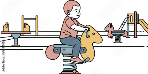 Line art illustration of a happy child in a pink shirt riding a yellow horse-shaped spring toy.