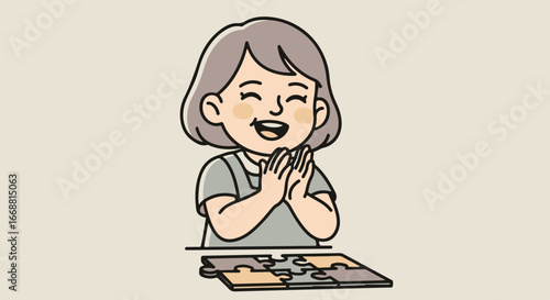 A joyful cartoon girl with short grey hair clapping her hands, celebrating a finished puzzle.
