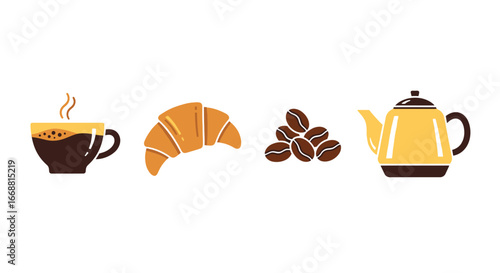Minimalist Coffee Break Illustration Featuring Croissant, Coffee Beans, and Teapot. Ideal for Cafe Menus, Food Blogs, or Culinary-Themed Design Projects.