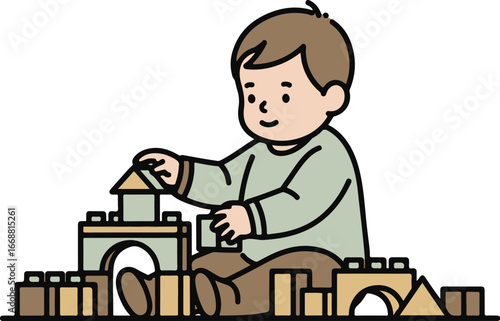 Cute cartoon toddler boy sitting and happily building a tower with wooden toy blocks.