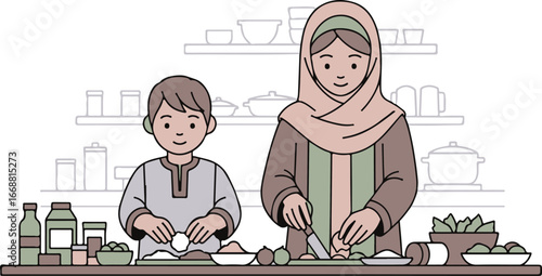 A Muslim mother wearing a pink hijab and her young son in traditional attire cooking together, preparing a meal with fresh vegetables and eggs in a kitchen.