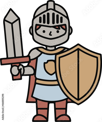 Brave cartoon knight in full armor with a helmet, red cape, sword, and shield.
