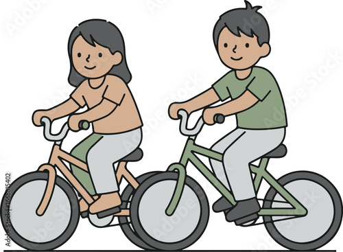A smiling cartoon couple, a man and a woman, riding their bicycles side-by-side in a simple hand-drawn illustration style.