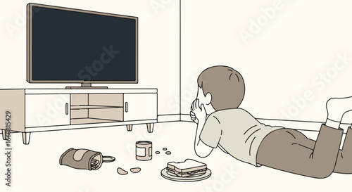 Illustration of a young boy lying on the floor, snacking while intently watching a blank television screen.