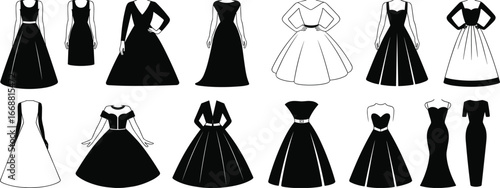 Black and white dress designs, fashion silhouette collection, vintage and modern styles, clothing pattern set, apparel sketch, garment outline, couture template, vector illustration