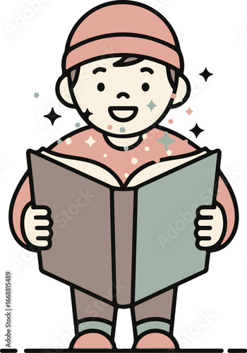 Happy cartoon boy in a beanie hat and starry sweater joyfully reading an open book.