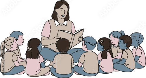 A female teacher in a cartoon style reading a book aloud to a group of young children sitting in a circle.