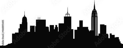 Black city skyline silhouette, urban building outline, metropolitan architecture vector, modern skyscraper design, cityscape graphic art, cad drawing flat vector illustration, isolated urban landmark