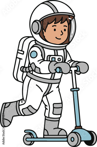 Cartoon astronaut in a white spacesuit and helmet riding a light blue kick scooter.
