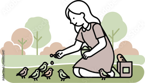 Stylized illustration of a kind young girl in a dress, kneeling down to gently feed a flock of small birds.