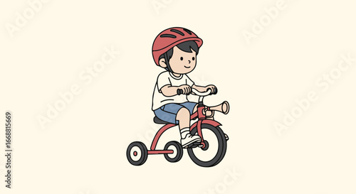 Cartoon illustration of a happy young boy with a red helmet riding a red tricycle.