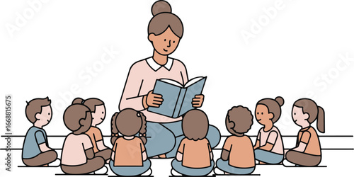 A female teacher with a hair bun reads a storybook to a diverse group of young children sitting attentively in a circle.