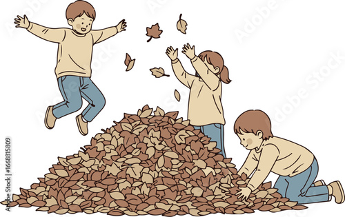 Joyful children in beige sweaters jumping and playing in a large pile of autumn leaves.
