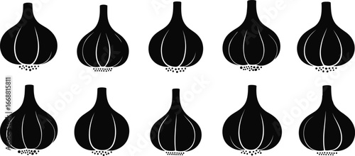 Black garlic bulb icons, stylized vegetable illustration, botanical food pattern, organic farming design, culinary herb artwork, agriculture concept, healthy cooking ingredient, kitchen decor vector