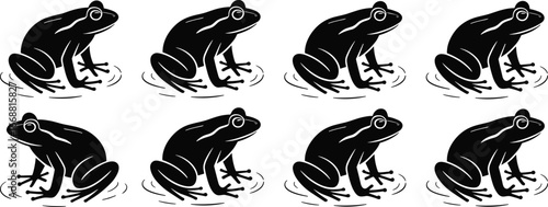 Black frog silhouettes in water, stylized amphibian icons, wildlife animal pattern, nature habitat design, pond life artwork, zoology concept, decorative vector illustration