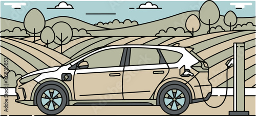 Line art illustration of a modern electric station wagon plugged into a charging station, shown in a side profile view.