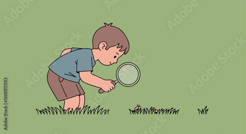 A curious cartoon boy in a blue shirt and brown shorts bends over, intently exploring with a magnifying glass.