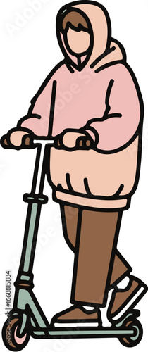 A hand-drawn illustration of a faceless person wearing a pink hoodie and riding a kick scooter.