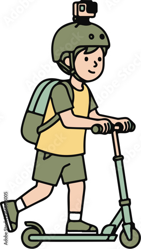 Smiling boy wearing a camera-mounted helmet and backpack while riding a kick scooter.