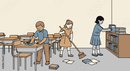 Illustration of three young students tidying up a classroom, sweeping the floor, wiping a desk, and organizing books on a shelf.