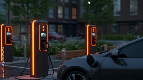 Nighttime EV Charging Station - Modern electric vehicle charging stations illuminate an urban parking lot at night.