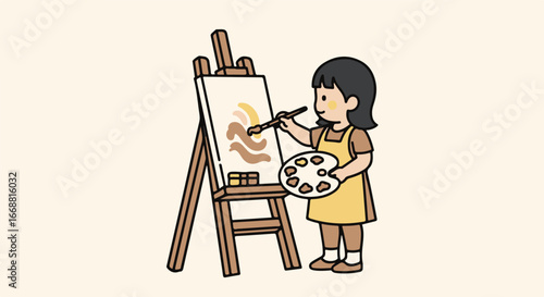 Cute cartoon girl with short dark hair in a yellow apron painting on a wooden easel.
