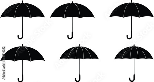 Black umbrella icons set, minimal flat vector illustration, CAD drawing style, weather protection symbol, rain safety concept, isolated silhouette design elements