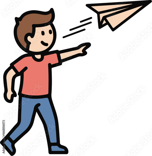 Smiling cartoon boy with brown hair in a red shirt throwing a paper airplane.