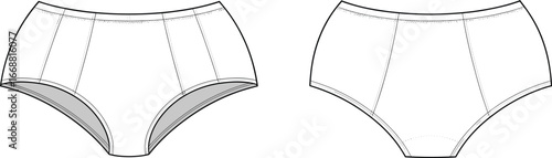 Vector illustration of women’s underwear briefs with detailed stitching, panel design, and front and back views for fashion and apparel projects.