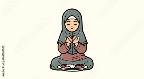 Cartoon illustration of a young Muslim girl in a grey hijab praying with hands raised before her meal.