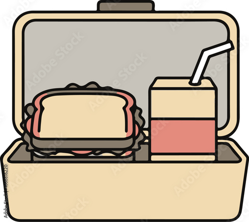 Cartoon illustration of an open beige lunchbox packed with a sandwich and a juice box.