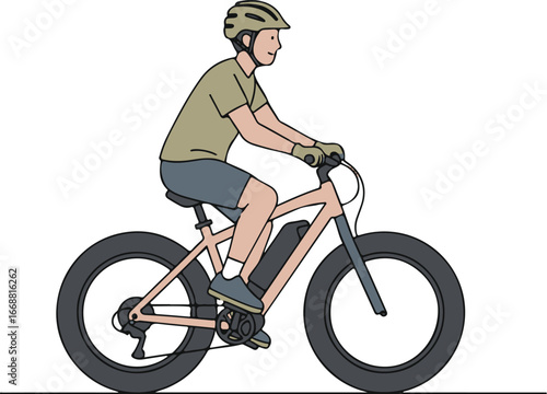 Side profile illustration of a cyclist wearing a helmet and riding an electric fat bike.