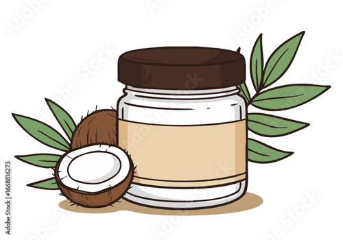 A charming illustration of a coconut oil jar with fresh coconuts and leaves. Clean, pastel purple background. Perfect for beauty, wellness, or food-related content.