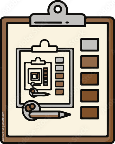 Vector icon of a brown clipboard with a recursive nested clipboard design and color palette swatches.