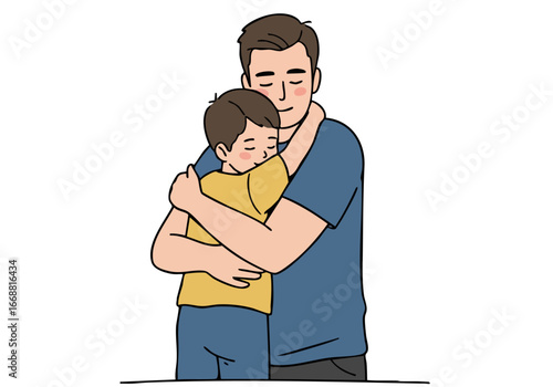 A father comforts his son with a warm embrace. The image conveys love, support, and tenderness. Soft colors and a simple composition create a comforting visual.