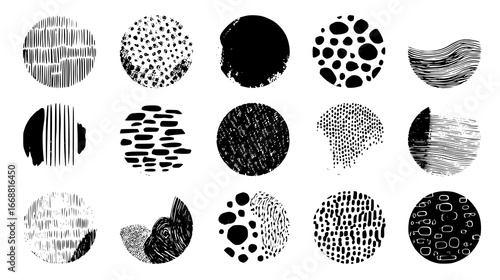 Abstract Black and White Circular Patterns with Diverse Textures and Shapes for Creative Designs