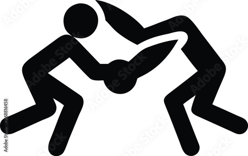 Two black stick figure wrestlers grappling in a dynamic pose on a white background wrestling grapple