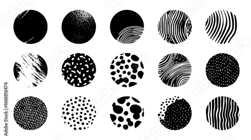 Abstract Black and White Circular Patterns with Diverse Textures and Shapes for Creative Designs