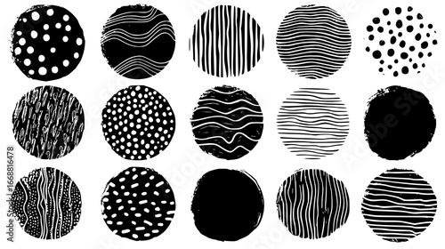 Abstract Black and White Circular Patterns with Diverse Textures and Shapes for Creative Designs