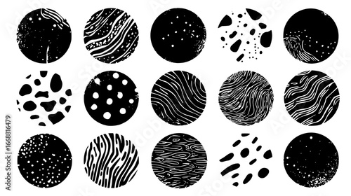Abstract Black and White Circular Patterns with Diverse Textures and Shapes for Creative Designs