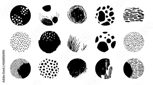 Abstract Black and White Circular Patterns with Diverse Textures and Shapes for Creative Designs