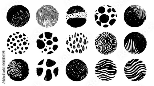 Abstract Black and White Circular Patterns with Diverse Textures and Shapes for Creative Designs