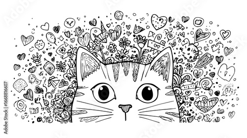 Charming Headshot of a Curious Cat with Playful Expression in Black and White Sketch Style